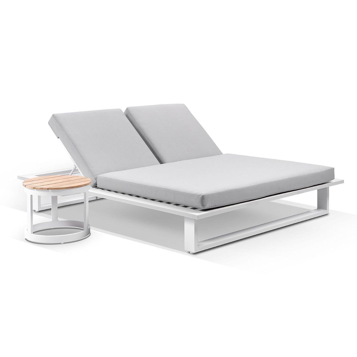 "Barbados" Hamptons Style Double Aluminium Sun Lounge in White with Olefin Grey Cushions & Teak Look Round Side Table