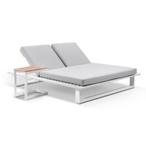 wp-image-tigress-39124.jpg "Barbados" Hamptons Style Double Aluminium Sun Lounge in White with Olefin Grey Cushions & Teak Slide Under Side Table