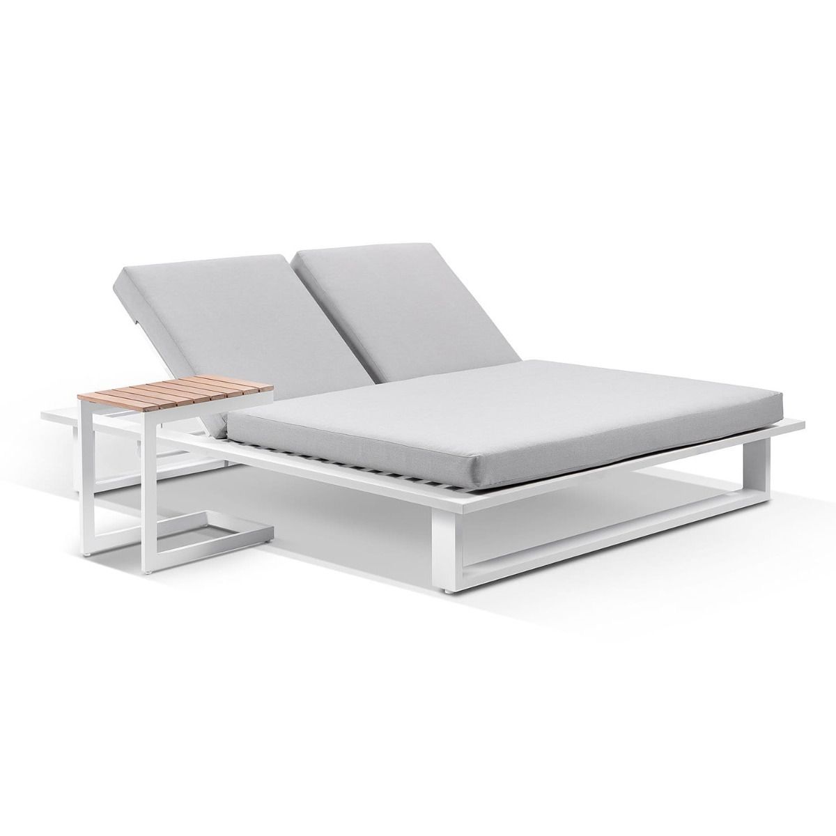 "Barbados" Hamptons Style Double Aluminium Sun Lounge in White with Olefin Grey Cushions & Teak Slide Under Side Table