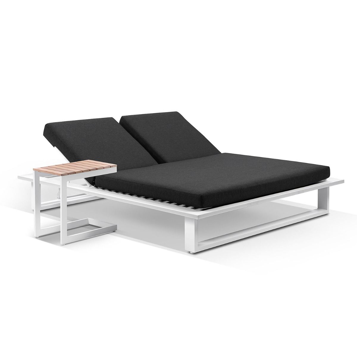 "Barbados" Hamptons Style Double Aluminium Sun Lounge in White with Denim Grey Cushions & Teak Slide Under Side Table