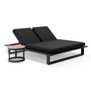 wp-image-tigress-39139.jpg "Barbados" Hamptons Style Double Aluminium Sun Lounge in Charcoal with Denim Grey Cushions & Teak Look Round Side Table