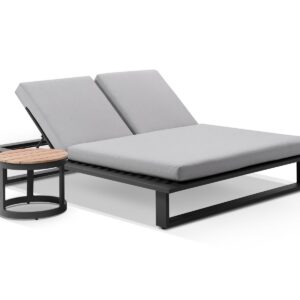 wp-image-tigress-39143.jpg "Barbados" Hamptons Style Double Aluminium Sun Lounge in Charcoal with Olefin Grey Cushions & Teak Look Round Side Table