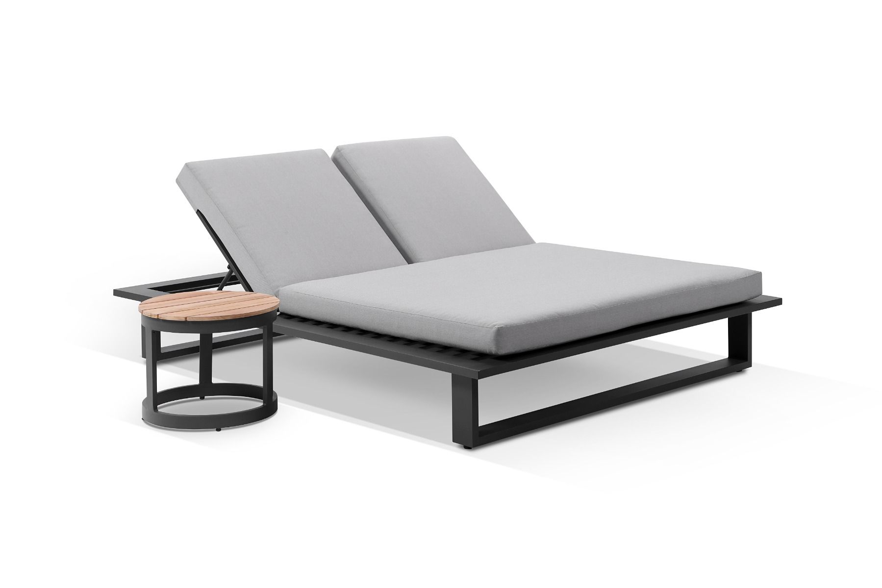 "Barbados" Hamptons Style Double Aluminium Sun Lounge in Charcoal with Olefin Grey Cushions & Teak Look Round Side Table