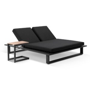 wp-image-tigress-39146.jpg "Barbados" Hamptons Style Double Aluminium Sun Lounge in Charcoal with Denim Grey Cushions & Teak Slide Under Side Table