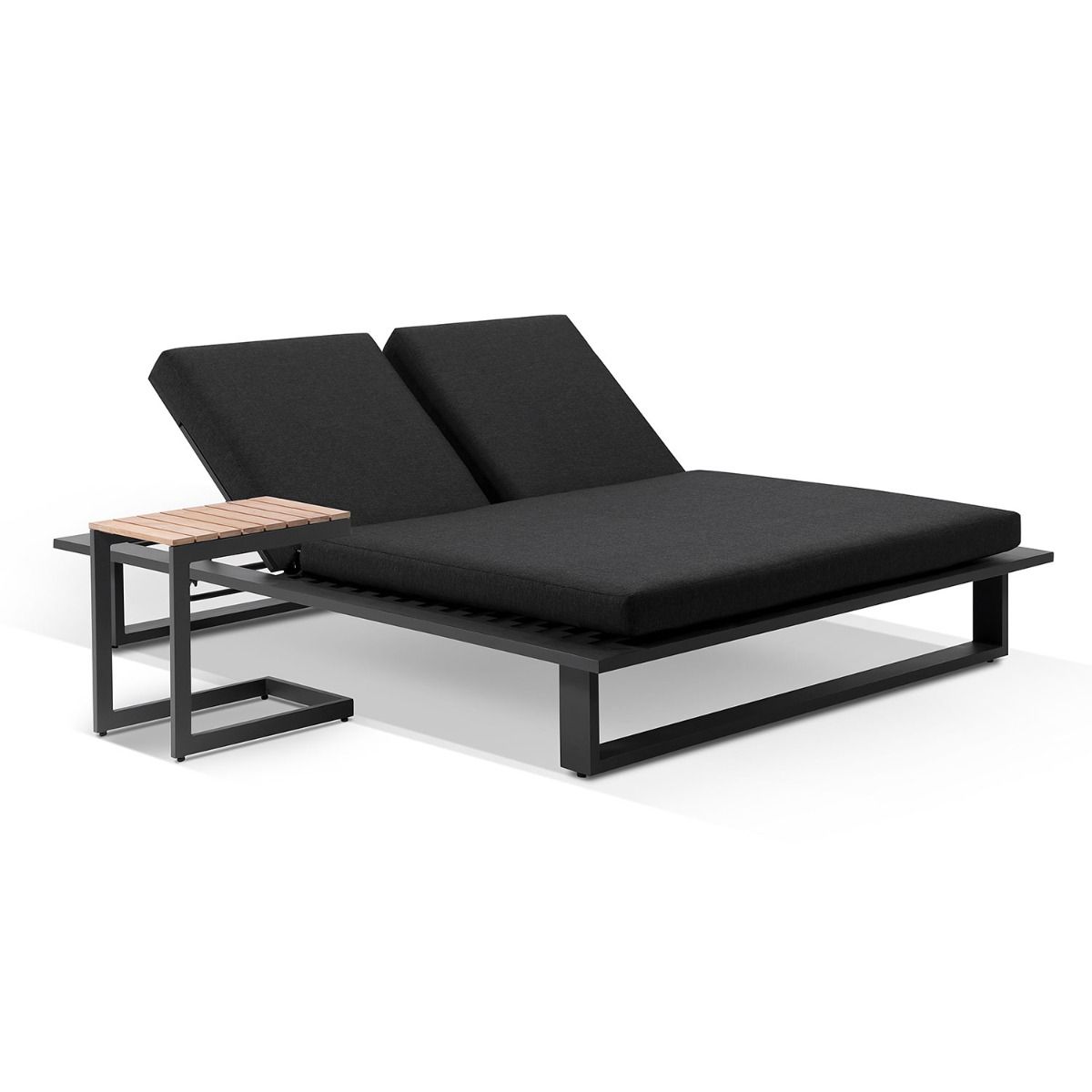 "Barbados" Hamptons Style Double Aluminium Sun Lounge in Charcoal with Denim Grey Cushions & Teak Slide Under Side Table