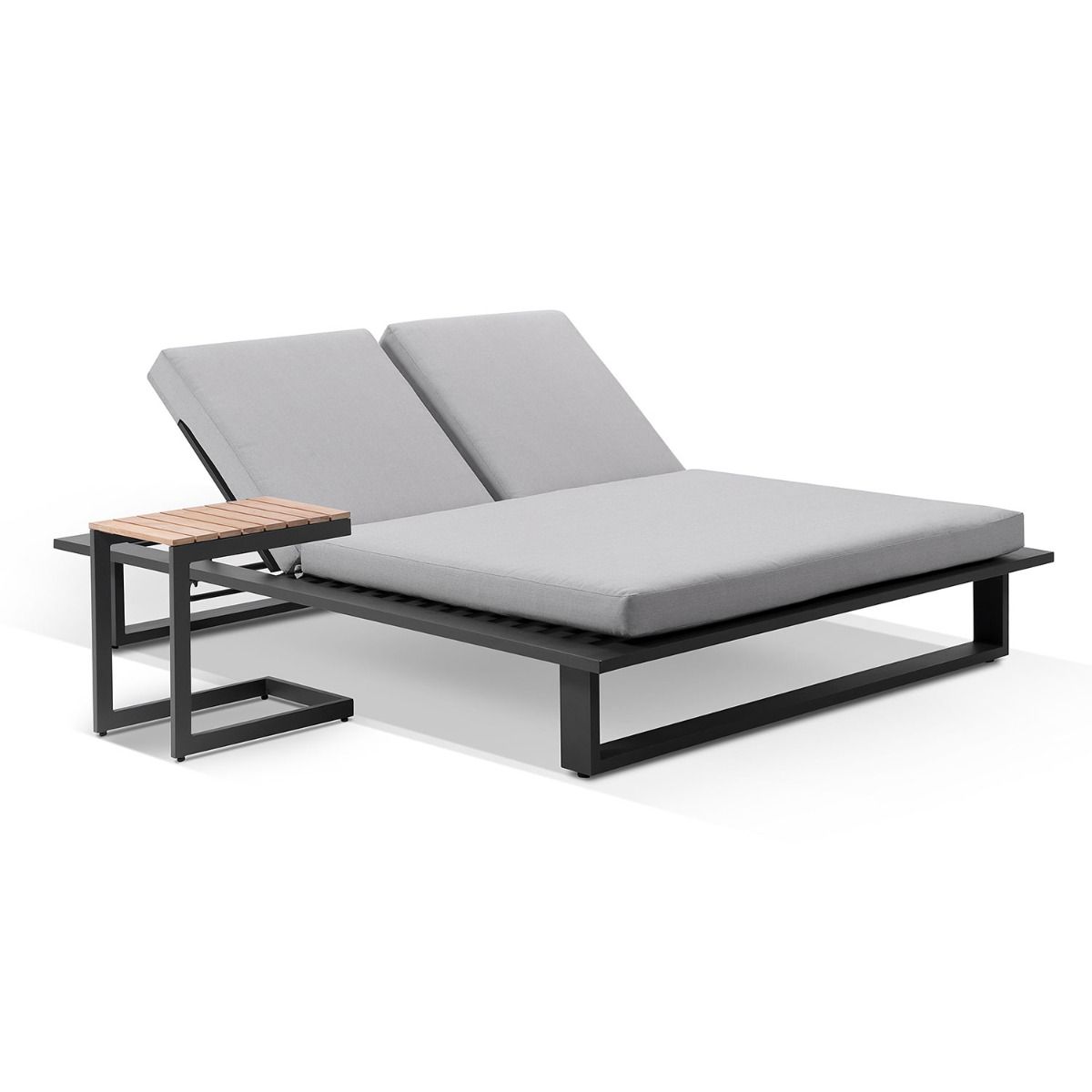"Barbados" Hamptons Style Double Aluminium Sun Lounge in Charcoal with Olefin Grey Cushions & Teak Slide Under Side Table