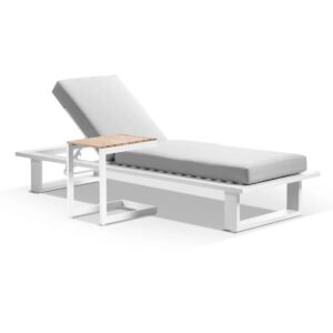 wp-image-tigress-39197.jpg "Barbados" Hamptons Style Aluminium Sun Lounge in White with Olefin Grey Cushions & Teak Slide Under Side Table