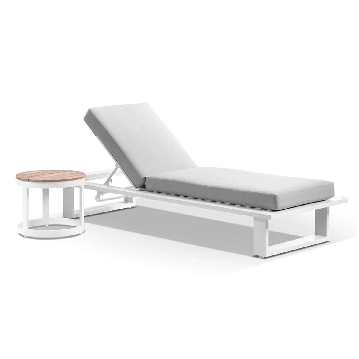 "Barbados" Hamptons Style Aluminium Sun Lounge in White with Olefin Grey Cushions & Teak Round Side Table