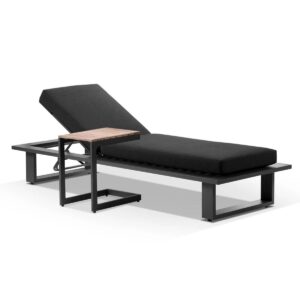 wp-image-tigress-39214.jpg "Barbados" Hamptons Style Aluminium Sun Lounge in Charcoal with Denim Grey Cushions & Teak Slide Under Side Table