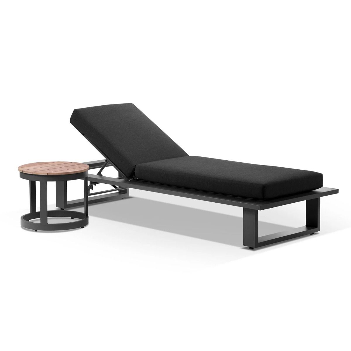 "Barbados" Hamptons Style Aluminium Sun Lounge in Charcoal with Denim Grey Cushions & Teak Round Side Table