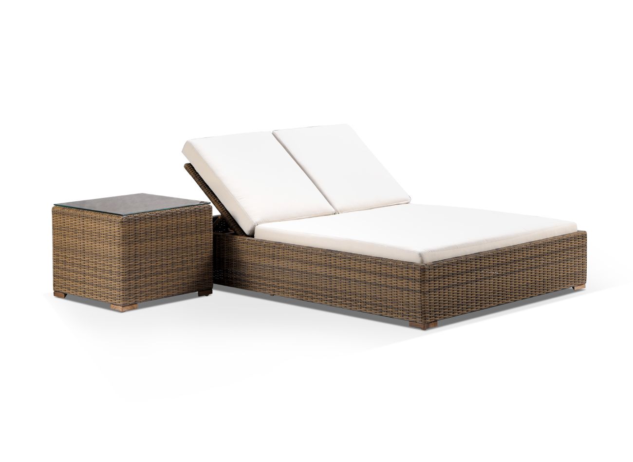 "Waikiki" Hamptons Style Wicker Double Sun Lounge in Brushed Wheat with Cream Cushions & Side Table