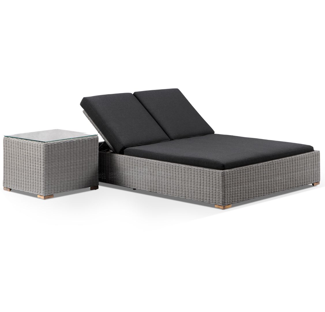 "Waikiki" Hamptons Style Wicker Double Sun Lounge in Brushed Grey with Denim Cushions & Side Table