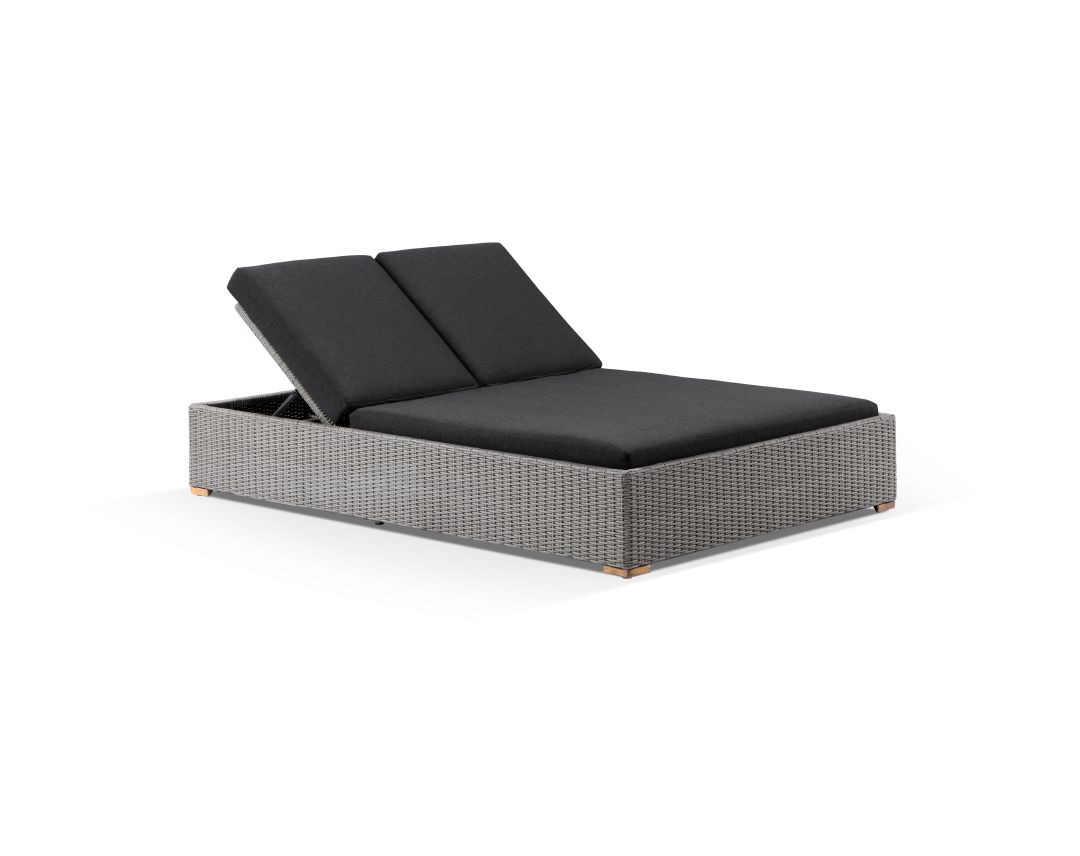 "Waikiki" Hamptons Style Wicker Double Sun Lounge in Brushed Grey with Denim Cushions