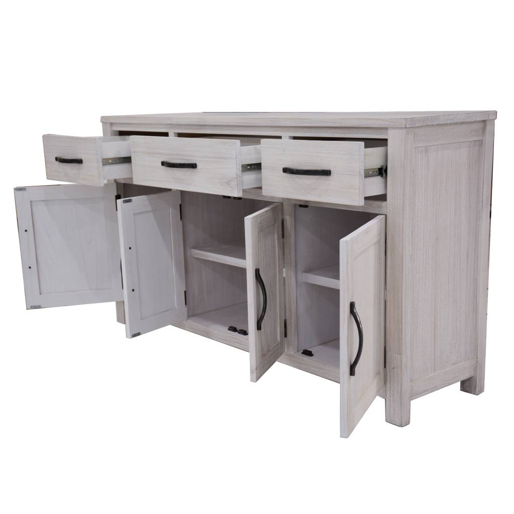 "Avalon" Hamptons Style Coastal Timber Buffet 4 Doors 3 Drawers, White Wash 158cm X 40.5cm X 87cm (RRP $1499) - Image 3