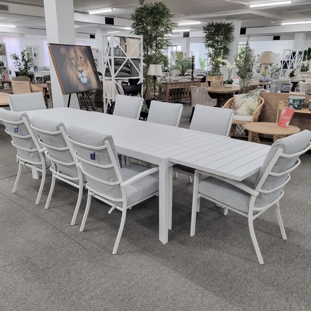 "Santorini" Resort Style Outdoor White Aluminium Extension Dining Table Package & 8 High Back Chairs (RRP $4499)