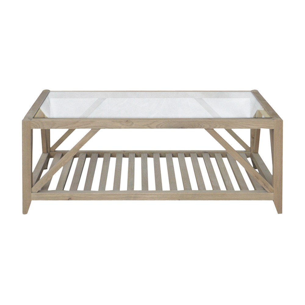 "Cabana" Hamptons Style Solid Timber Glass Top Coffee Table, Weathered Oak (RRP $1499)
