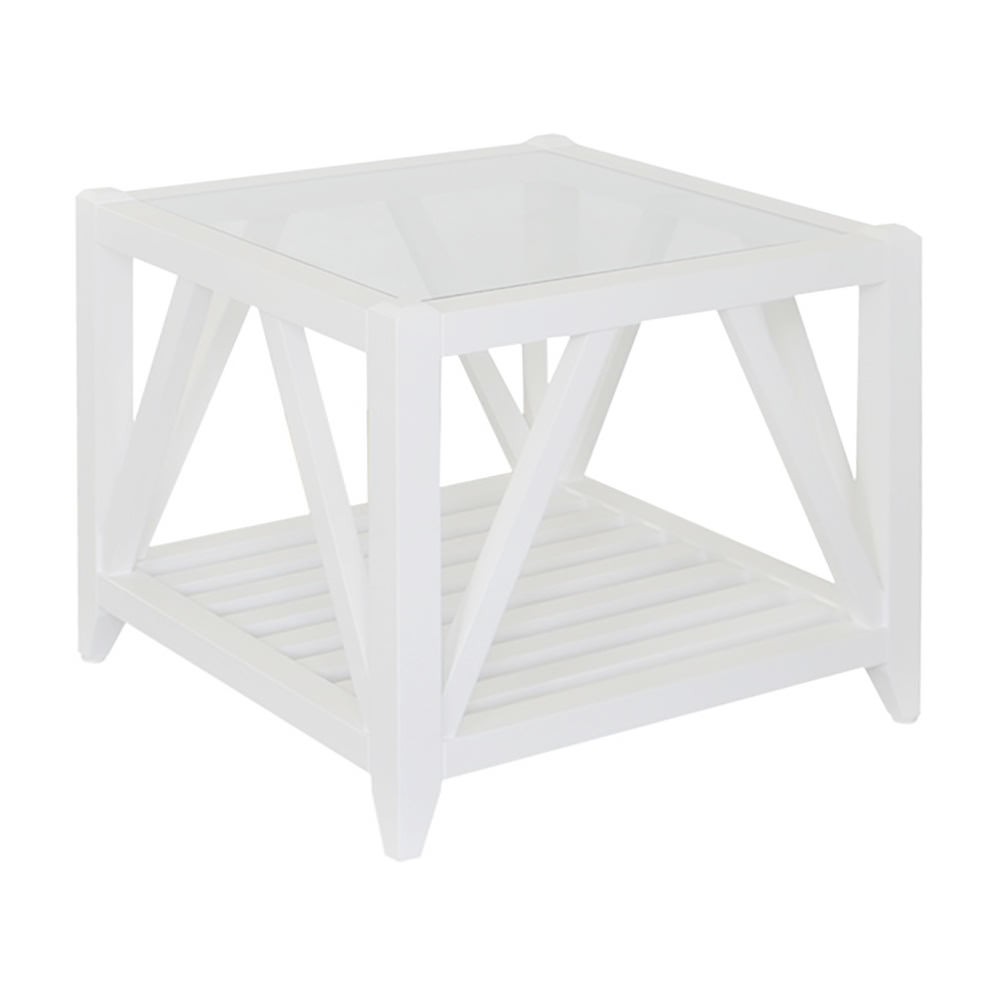 "Cabana" Hamptons Style Solid Timber Glass Top Side Table, White 60cmW x 60cmD x 45cmH (RRP $799)