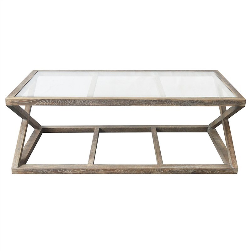 "Mirage" Hamptons Style Solid Timber Glass Top Coffee Table, Burnt Oak