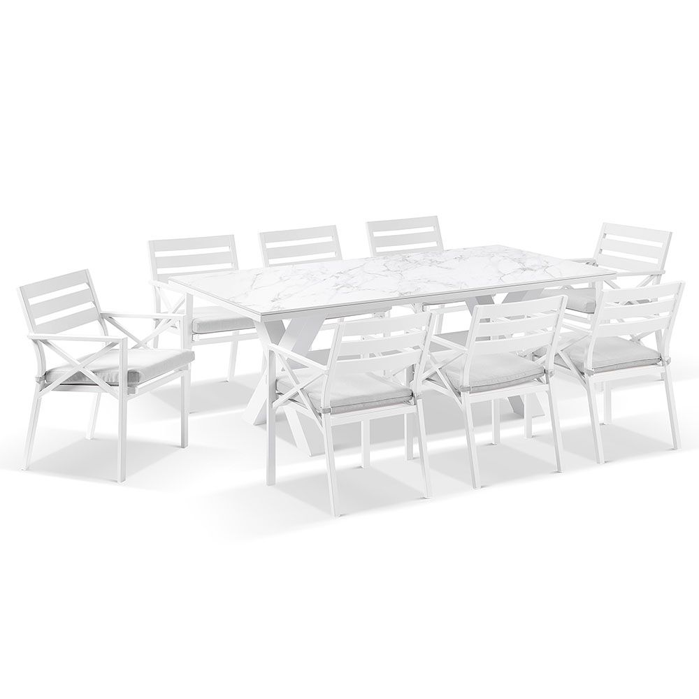 "Montego Bay" Hamptons Style Outdoor Ceramic & Aluminium 2m Dining Setting with 8 Chairs White Grey Cushions (RRP $4690)