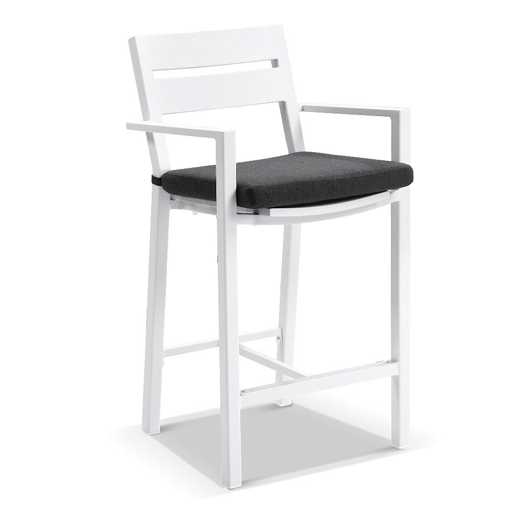 "Hawaii" Hamptons Style Outdoor Aluminium Bar Stool, White with Denim Grey Cushion