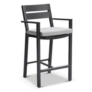 "Hawaii" Hamptons Style Outdoor Aluminium Bar Stool, Charcoal with Olefin Grey Cushion