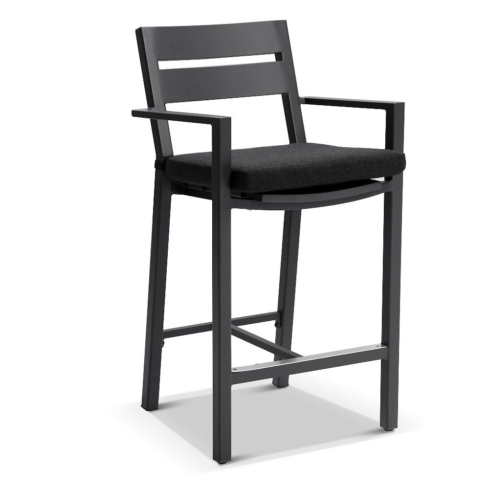 "Hawaii" Hamptons Style Outdoor Aluminium Bar Stool, Charcoal with Denim Grey Cushion