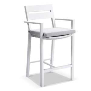 "Hawaii" Hamptons Style Outdoor Aluminium Bar Stool, White with Olefin Grey Cushion
