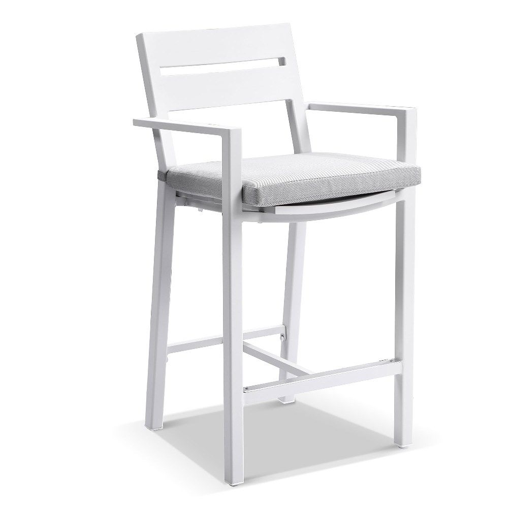 "Hawaii" Hamptons Style Outdoor Aluminium Bar Stool, White with Olefin Grey Cushion
