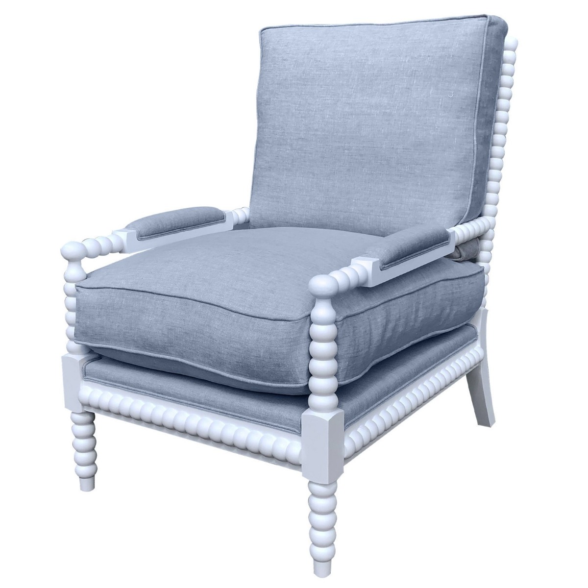 "Bobbin" Hamptons Style Linen Fabric & Oak Timber Armchair, White & Duck Egg (RRP $1799)