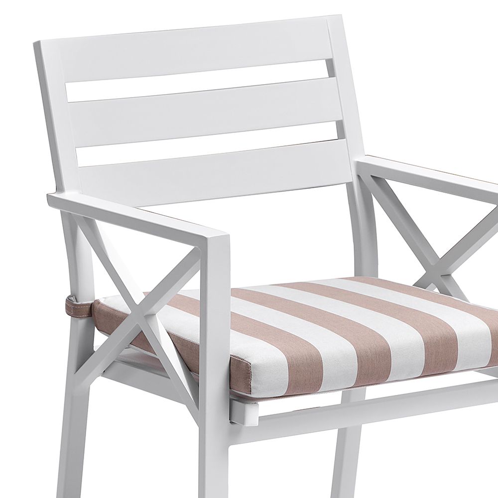 "Montego Bay" Hamptons Style Outdoor Aluminium Dining Chair White with Deep Beige Stripe Sunbrella Cushions - Image 2