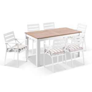 wp-image-tigress-39572.jpg "Newport" Hamptons Style Outdoor Aluminium 1.8m Teak Top Dining Setting including 6 Chairs with Sunbrella Cushions