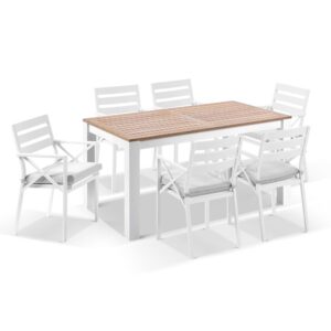 wp-image-tigress-39577.jpg "Newport" Hamptons Style Outdoor Aluminium 1.8m Teak Top Dining Setting including 6 Chairs with Olefin Grey Cushions