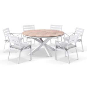 "Santorini" Hamptons Style 7 Piece Setting with Round Outdoor Aluminium 1.5m Dining Table White and 6 Grey Montego Bay Chairs