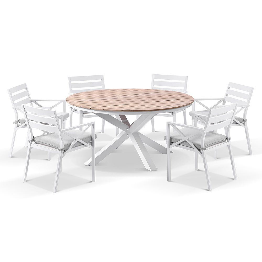 "Santorini" Hamptons Style 7 Piece Setting with Round Outdoor Aluminium 1.5m Dining Table White and 6 Grey Montego Bay Chairs