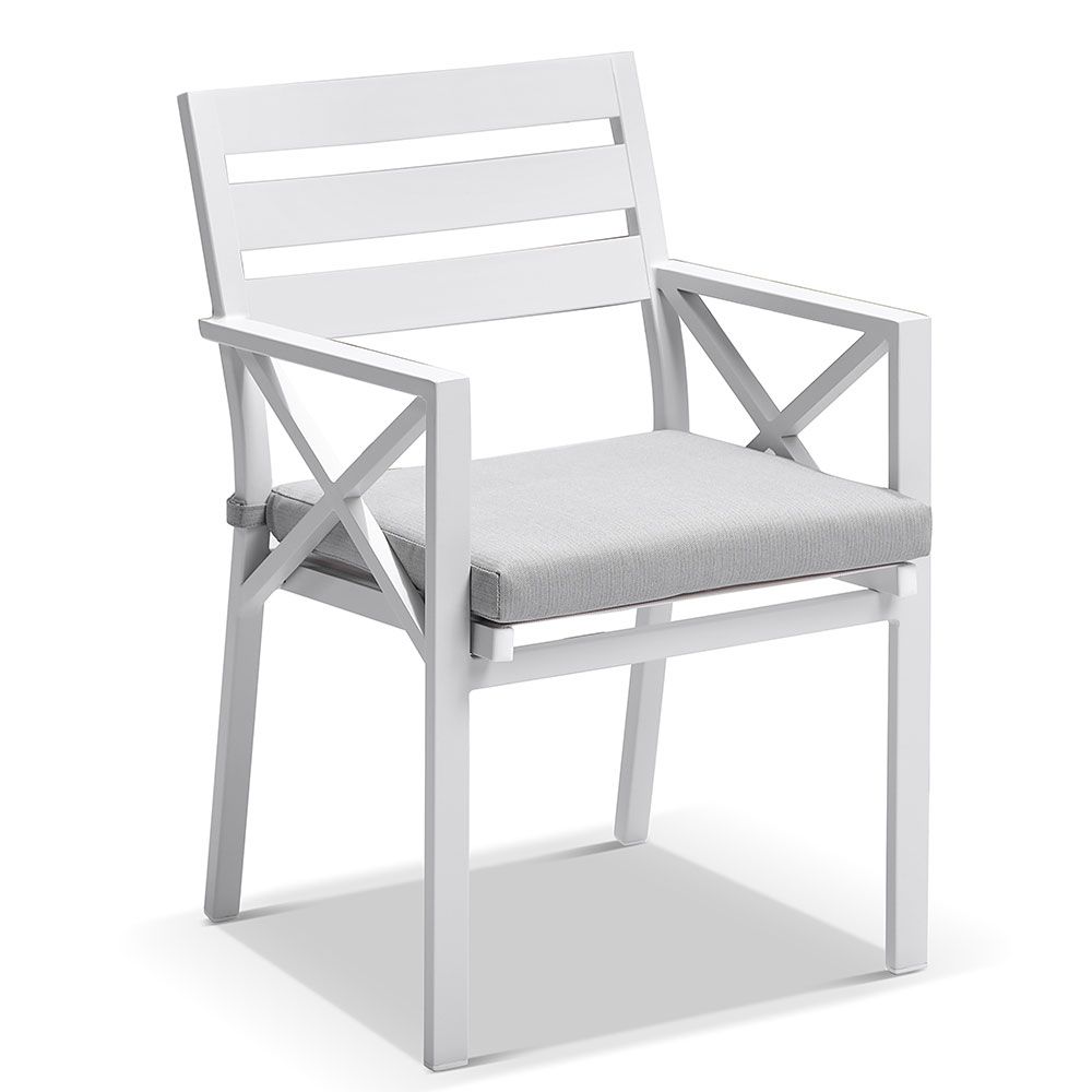 "Santorini" Hamptons Style 9 Piece Setting with Round Outdoor Aluminium 1.8m Dining Table White and 8 Grey Montego Bay Chairs - Image 2