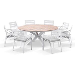 "Santorini" Hamptons Style 9 Piece Setting with Round Outdoor Aluminium 1.8m Dining Table White and 8 Grey Montego Bay Chairs