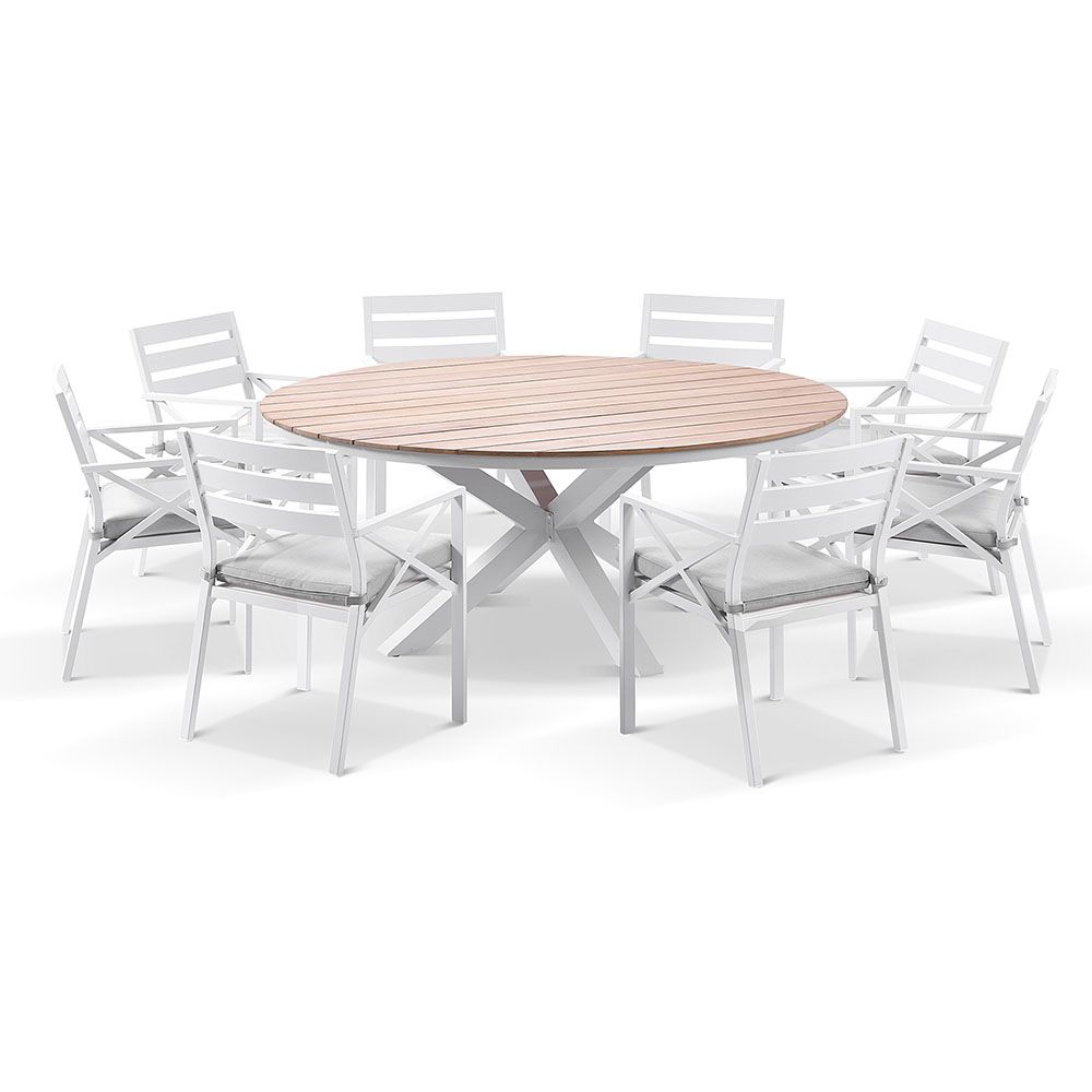 "Santorini" Hamptons Style 9 Piece Setting with Round Outdoor Aluminium 1.8m Dining Table White and 8 Grey Montego Bay Chairs