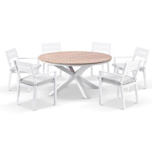 "Santorini" Hamptons Style 7 Piece Setting with Round Outdoor Aluminium 1.5m Dining Table White and 6 Grey Hawaii Chairs