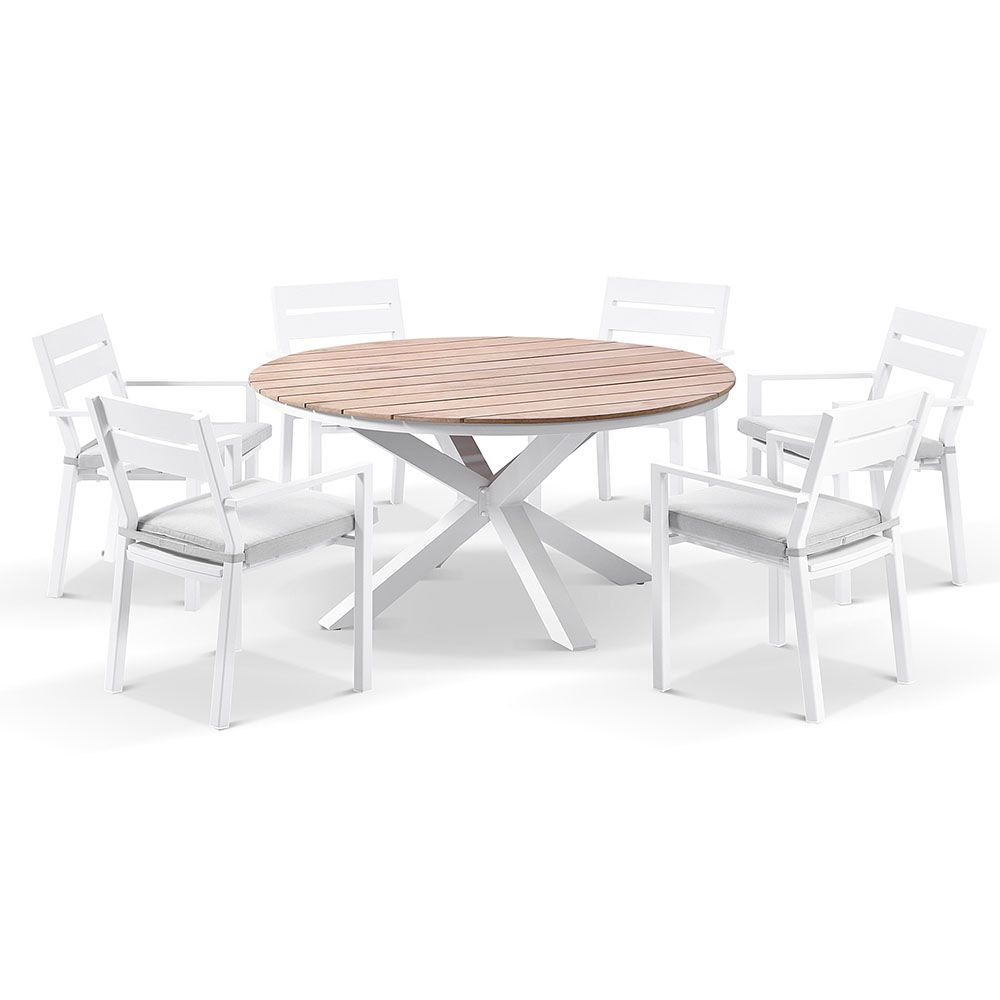 "Santorini" Hamptons Style 7 Piece Setting with Round Outdoor Aluminium 1.5m Dining Table White and 6 Grey Hawaii Chairs