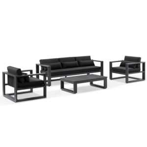 "Hawaii" Hamptons Style Outdoor Setting with 3 Seater Lounge & 2 x 1 Seater Lounges plus Coffee Table in Charcoal with Denim Grey Cushions