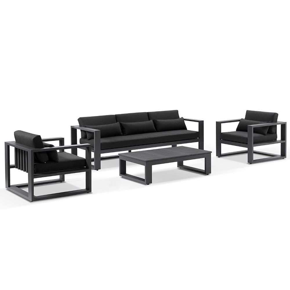 "Hawaii" Hamptons Style Outdoor Setting with 3 Seater Lounge & 2 x 1 Seater Lounges plus Coffee Table in Charcoal with Denim Grey Cushions