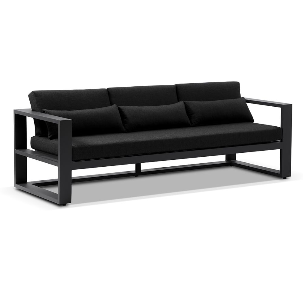 "Hawaii" Hamptons Style Outdoor Setting with 3 Seater Lounge & 2 x 1 Seater Lounges plus Coffee Table in Charcoal with Denim Grey Cushions - Image 2