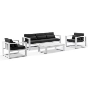 "Hawaii" Hamptons Style Outdoor Setting with 3 Seater Lounge & 2 x 1 Seater Lounges plus Coffee Table in White with Denim Grey Cushions