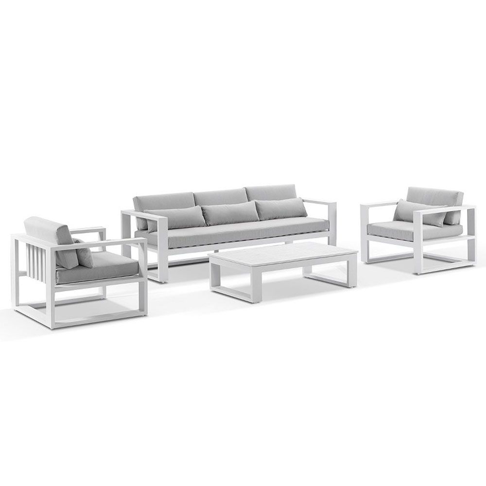 "Hawaii" Hamptons Style Outdoor Setting with 3 Seater Lounge & 2 x 1 Seater Lounges plus Coffee Table in White with Olefin Grey Cushions
