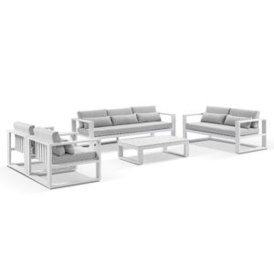 "Hawaii" Hamptons Style Outdoor Setting with 3 + 2 + 1 + 1 Seater Lounges in White with Grey Cushions plus Coffee Table