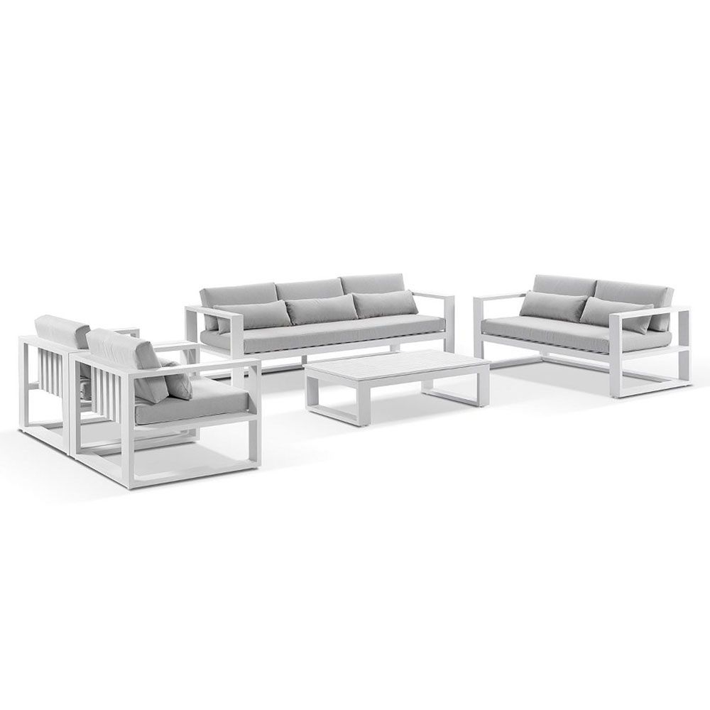 "Hawaii" Hamptons Style Outdoor Setting with 3 + 2 + 1 + 1 Seater Lounges in White with Grey Cushions plus Coffee Table