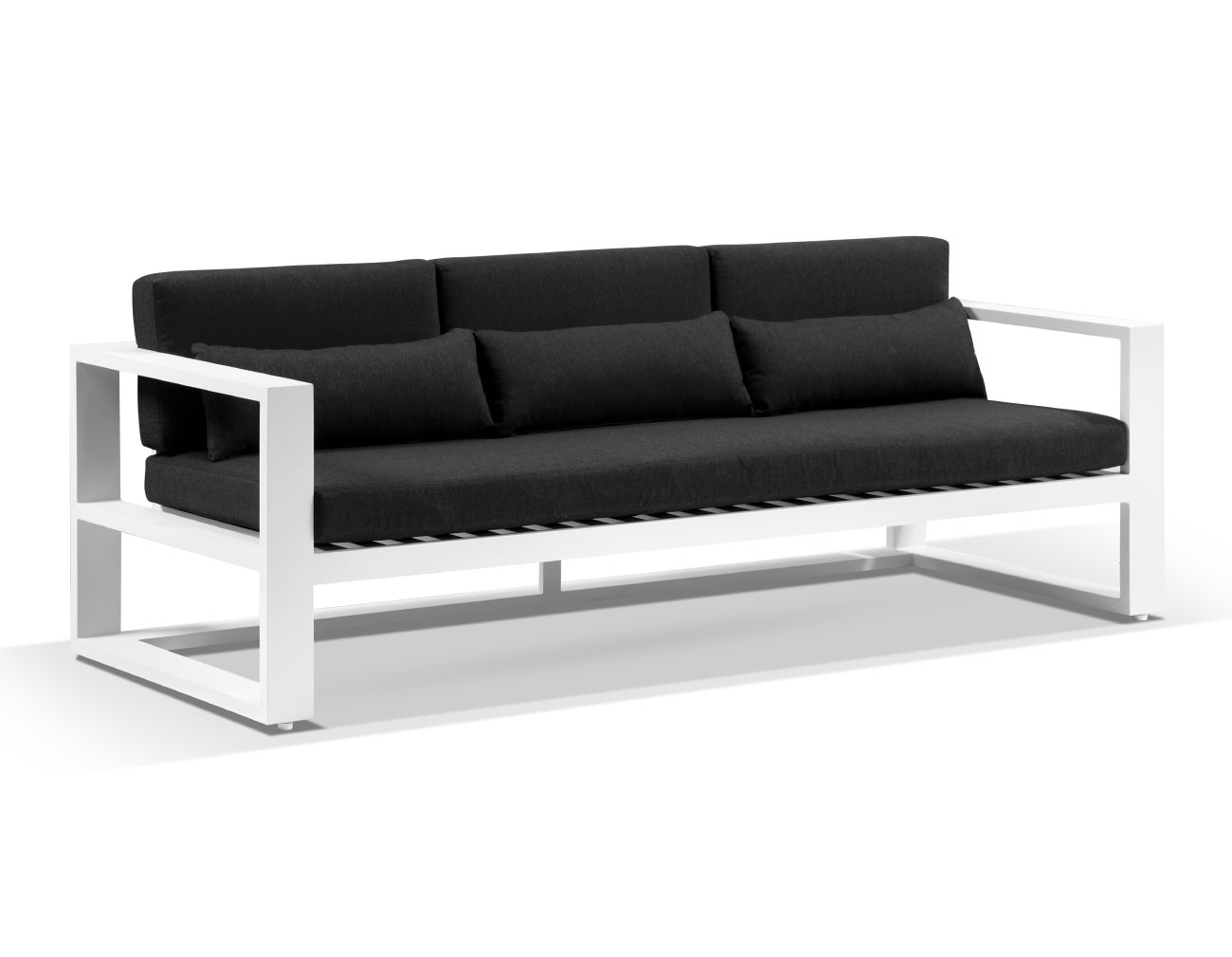 "Hawaii" Hamptons Style Outdoor Setting with 3 + 2 + 1 + 1 Seater Lounges in White with Denim Grey Cushions plus Coffee Table - Image 2
