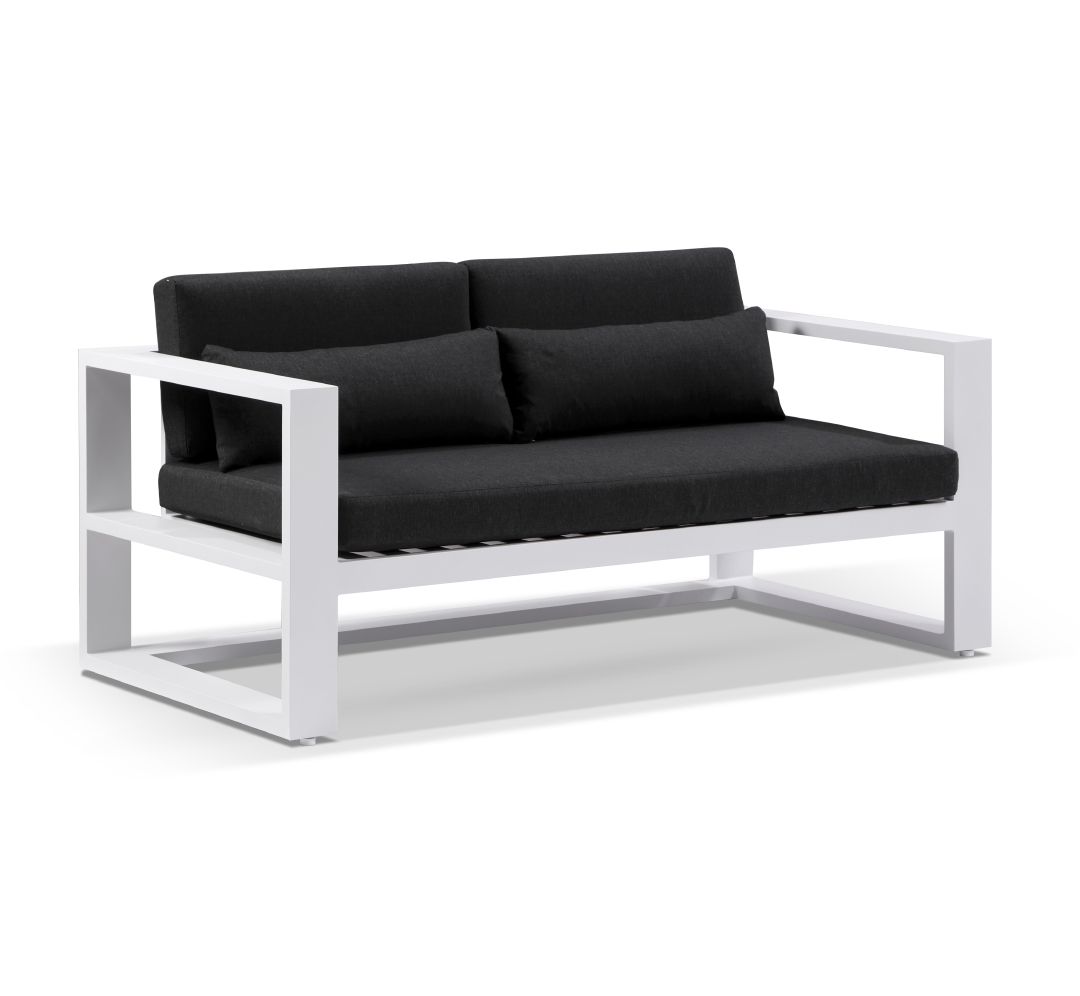 "Hawaii" Hamptons Style Outdoor Setting with 3 + 2 + 1 + 1 Seater Lounges in White with Denim Grey Cushions plus Coffee Table - Image 3