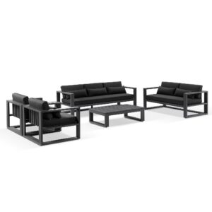 "Hawaii" Hamptons Style Outdoor Setting with 3 + 2 + 1 + 1 Seater Lounges in Charcoal with Denim Grey Cushions plus Coffee Table