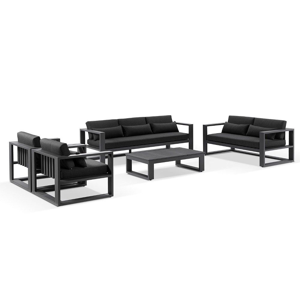"Hawaii" Hamptons Style Outdoor Setting with 3 + 2 + 1 + 1 Seater Lounges in Charcoal with Denim Grey Cushions plus Coffee Table
